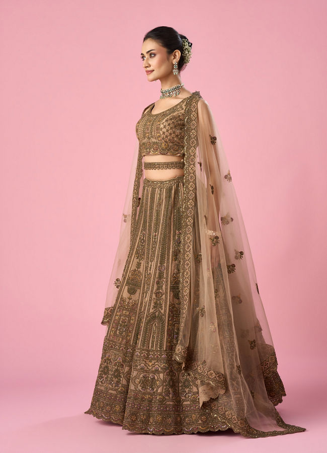 Mohey Women Fawn Net Bridal Lehenga with Sequin Work