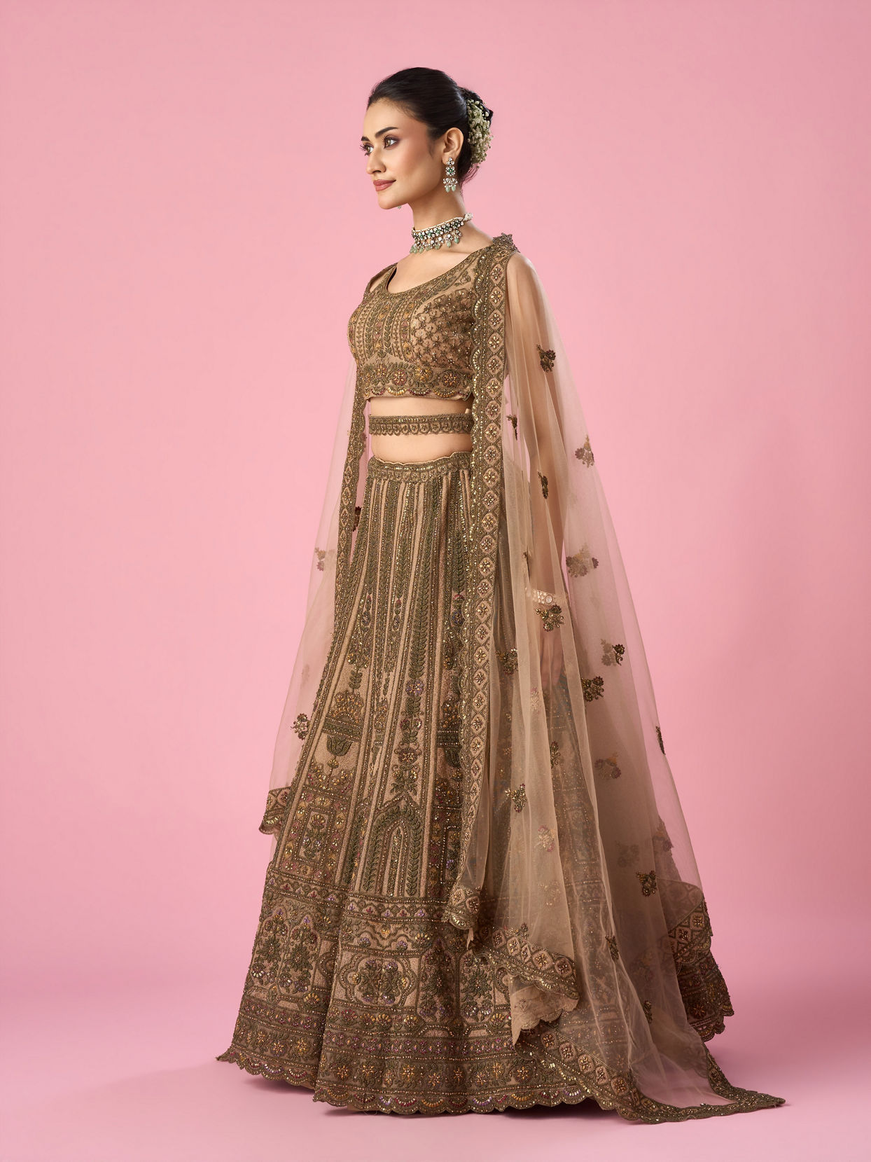 Mohey Women Fawn Net Bridal Lehenga with Sequin Work
