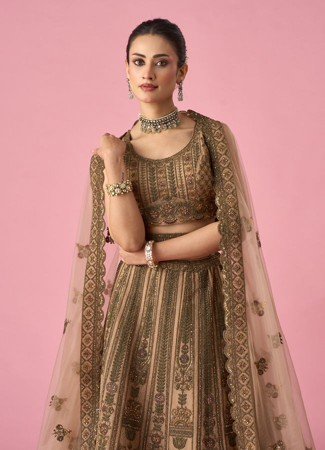 Mohey Women Fawn Net Bridal Lehenga with Sequin Work