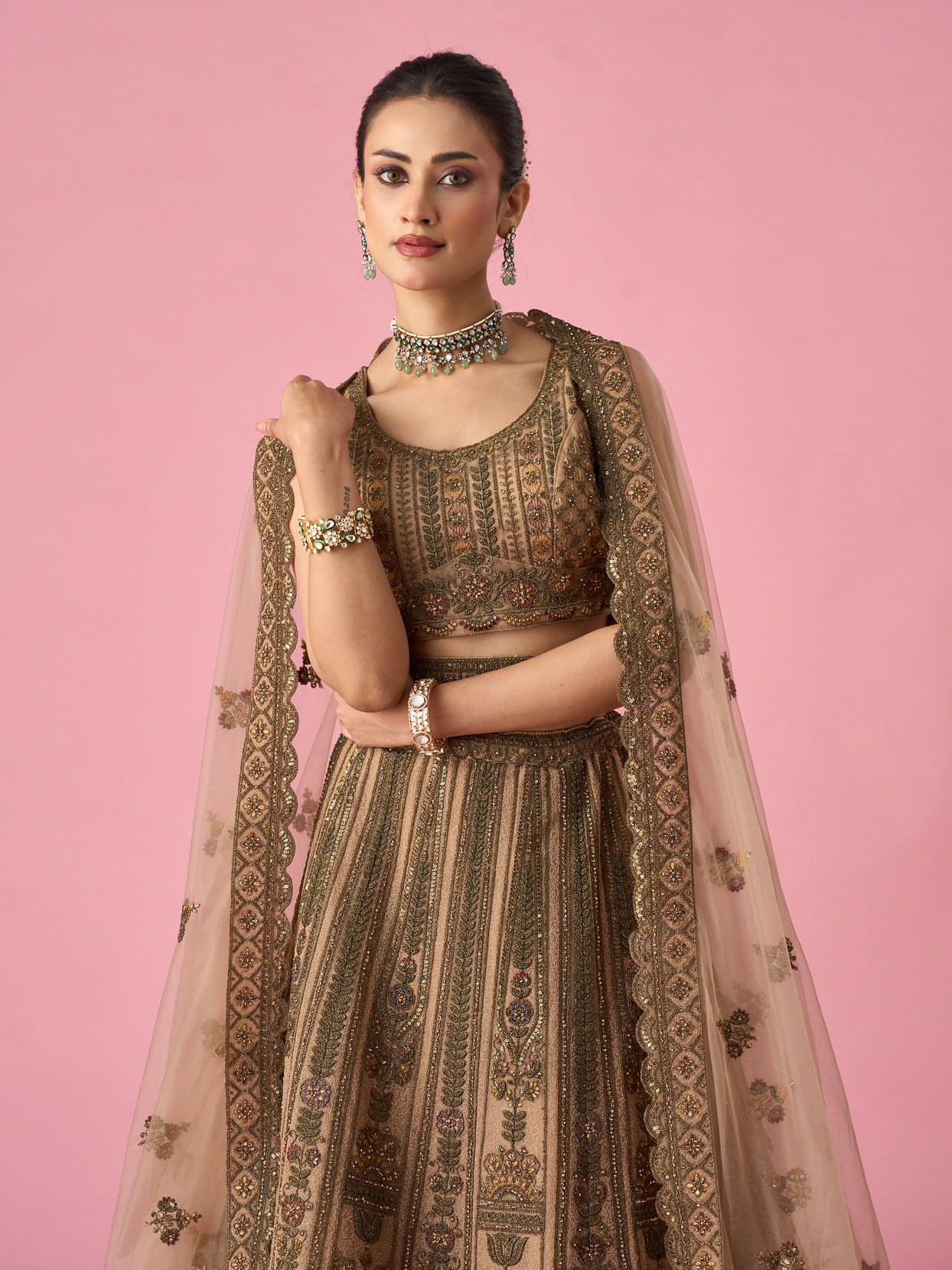 Mohey Women Fawn Net Bridal Lehenga with Sequin Work