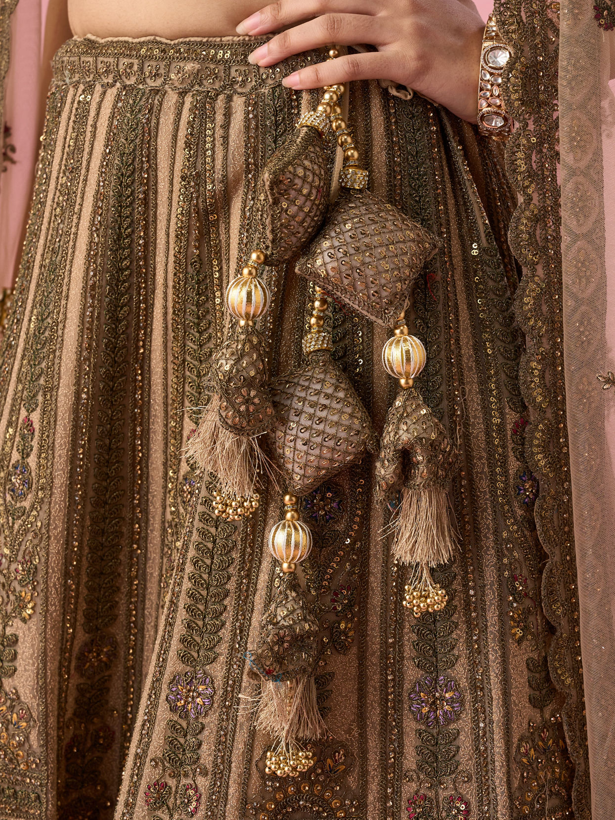 Mohey Women Fawn Net Bridal Lehenga with Sequin Work