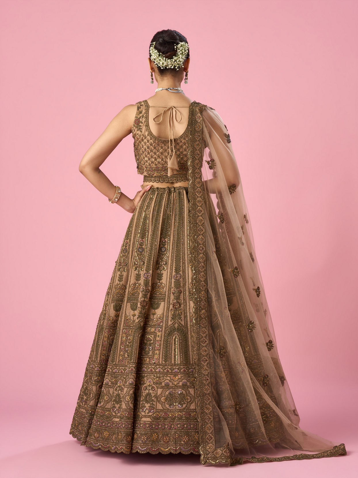 Mohey Women Fawn Net Bridal Lehenga with Sequin Work