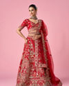Mohey Women Red Art Silk Bridal Lehenga with Moti and Zari Work