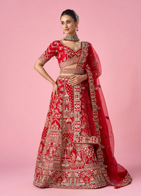 Mohey Women Red Art Silk Bridal Lehenga with Moti and Zari Work