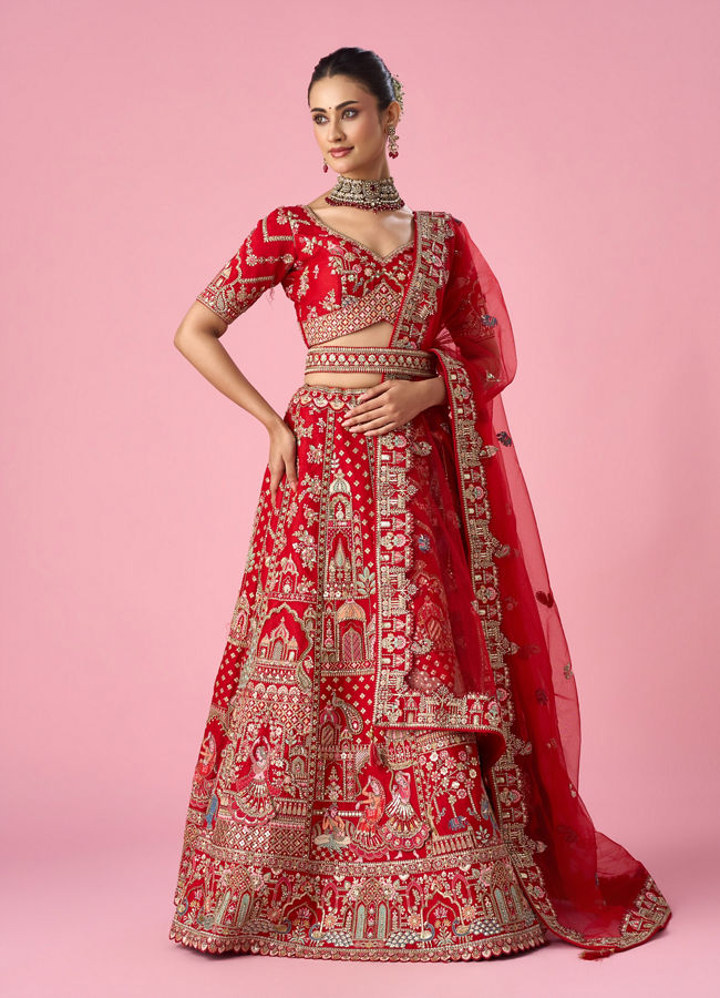 Mohey Women Red Art Silk Bridal Lehenga with Moti and Zari Work