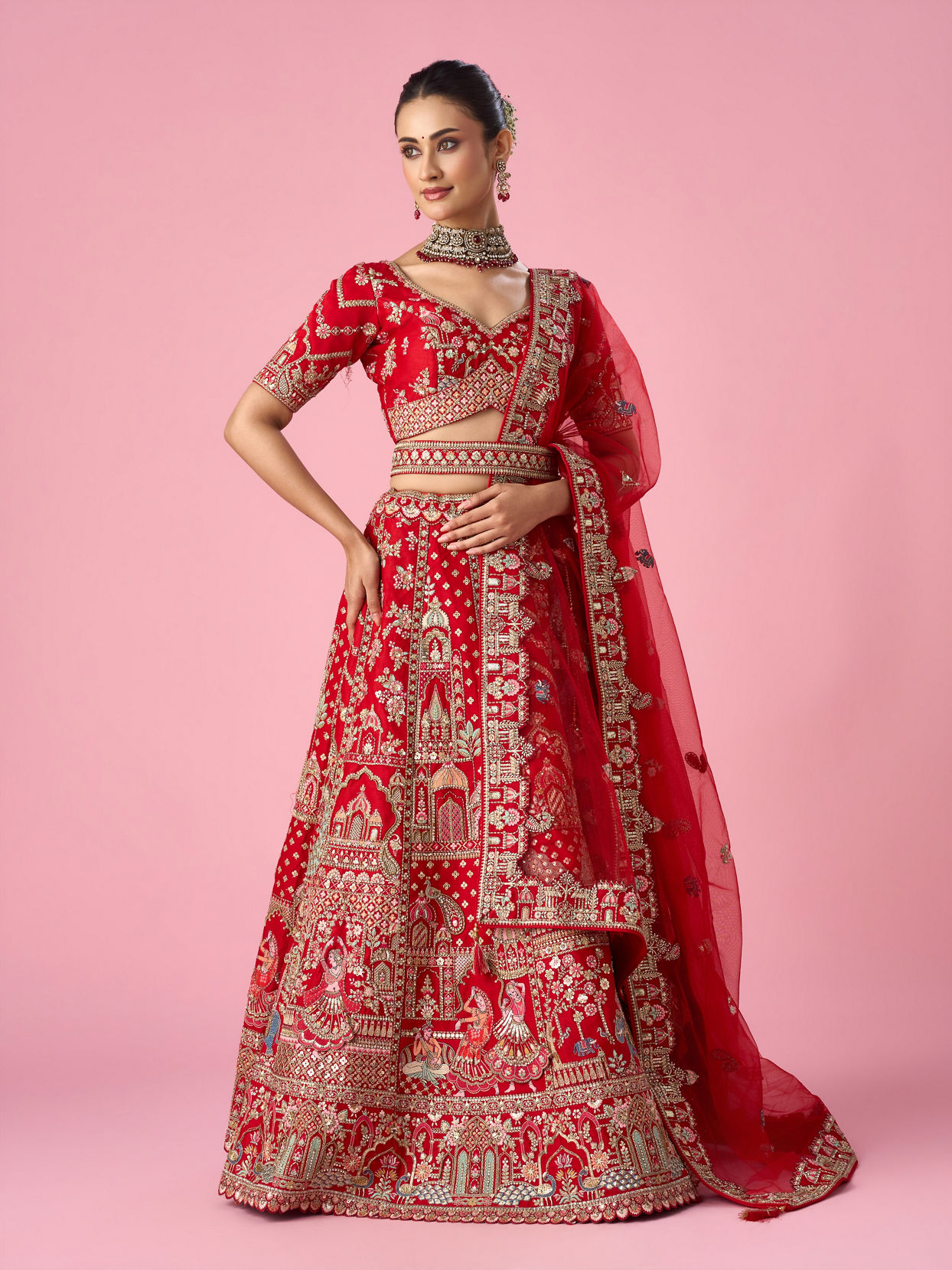 Mohey Women Red Art Silk Bridal Lehenga with Moti and Zari Work