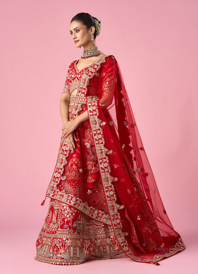 Mohey Women Red Art Silk Bridal Lehenga with Moti and Zari Work