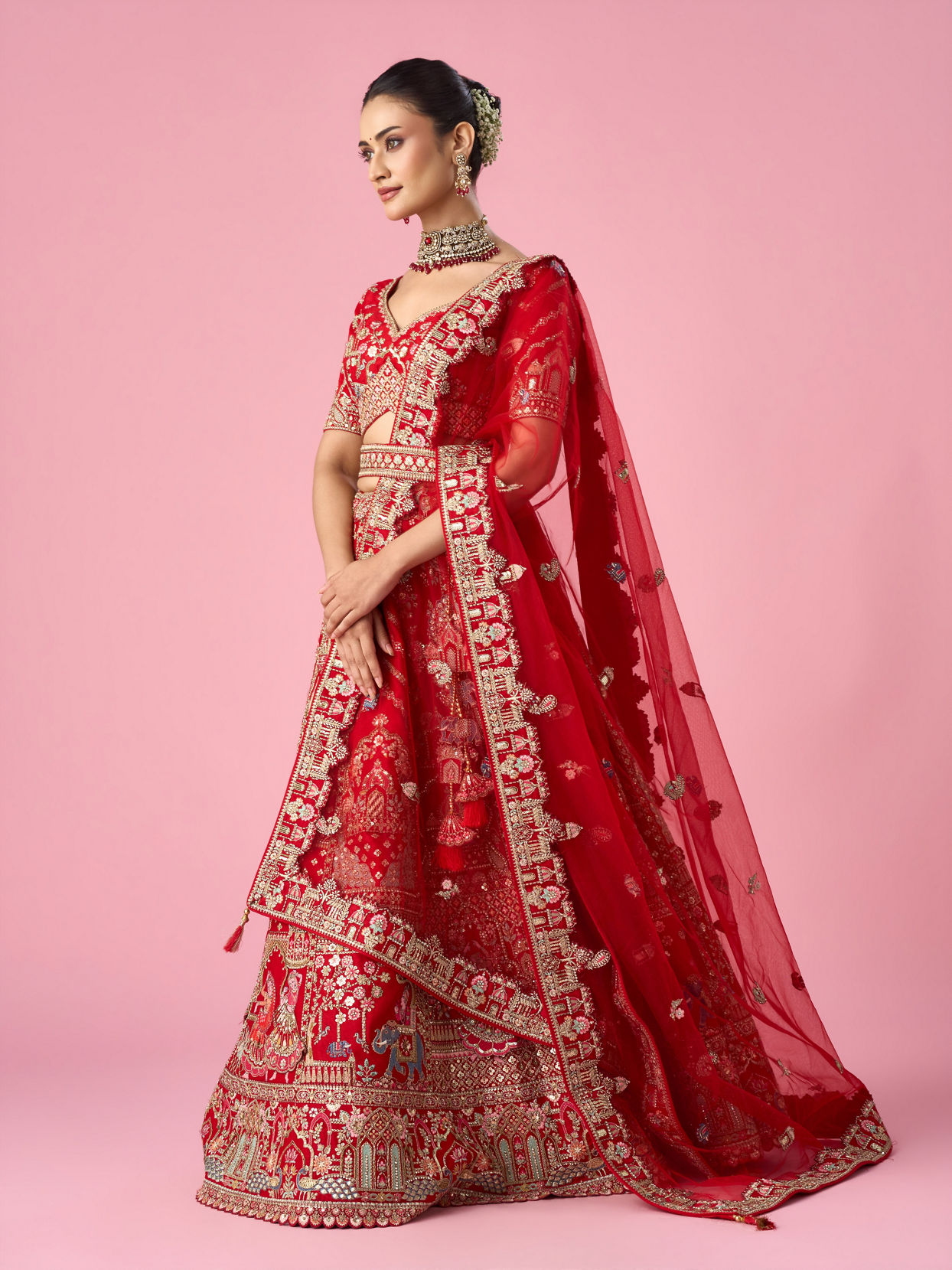 Mohey Women Red Art Silk Bridal Lehenga with Moti and Zari Work