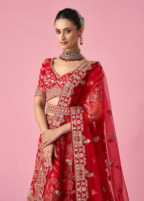 Mohey Women Red Art Silk Bridal Lehenga with Moti and Zari Work