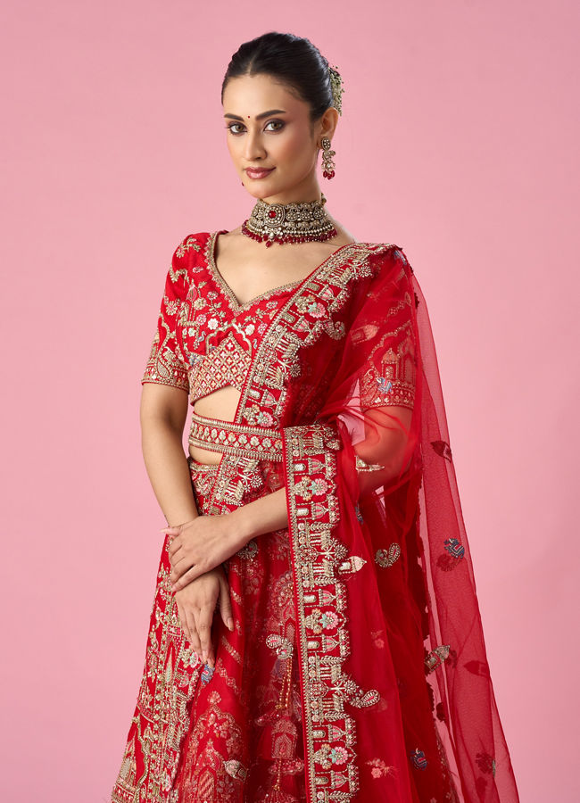 Mohey Women Red Art Silk Bridal Lehenga with Moti and Zari Work