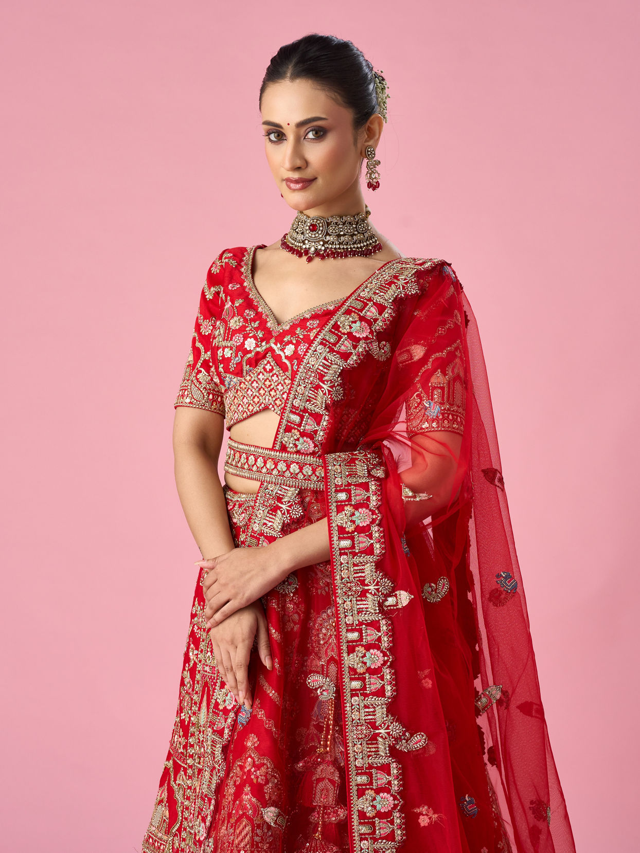 Mohey Women Red Art Silk Bridal Lehenga with Moti and Zari Work