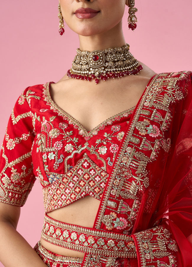 Mohey Women Red Art Silk Bridal Lehenga with Moti and Zari Work