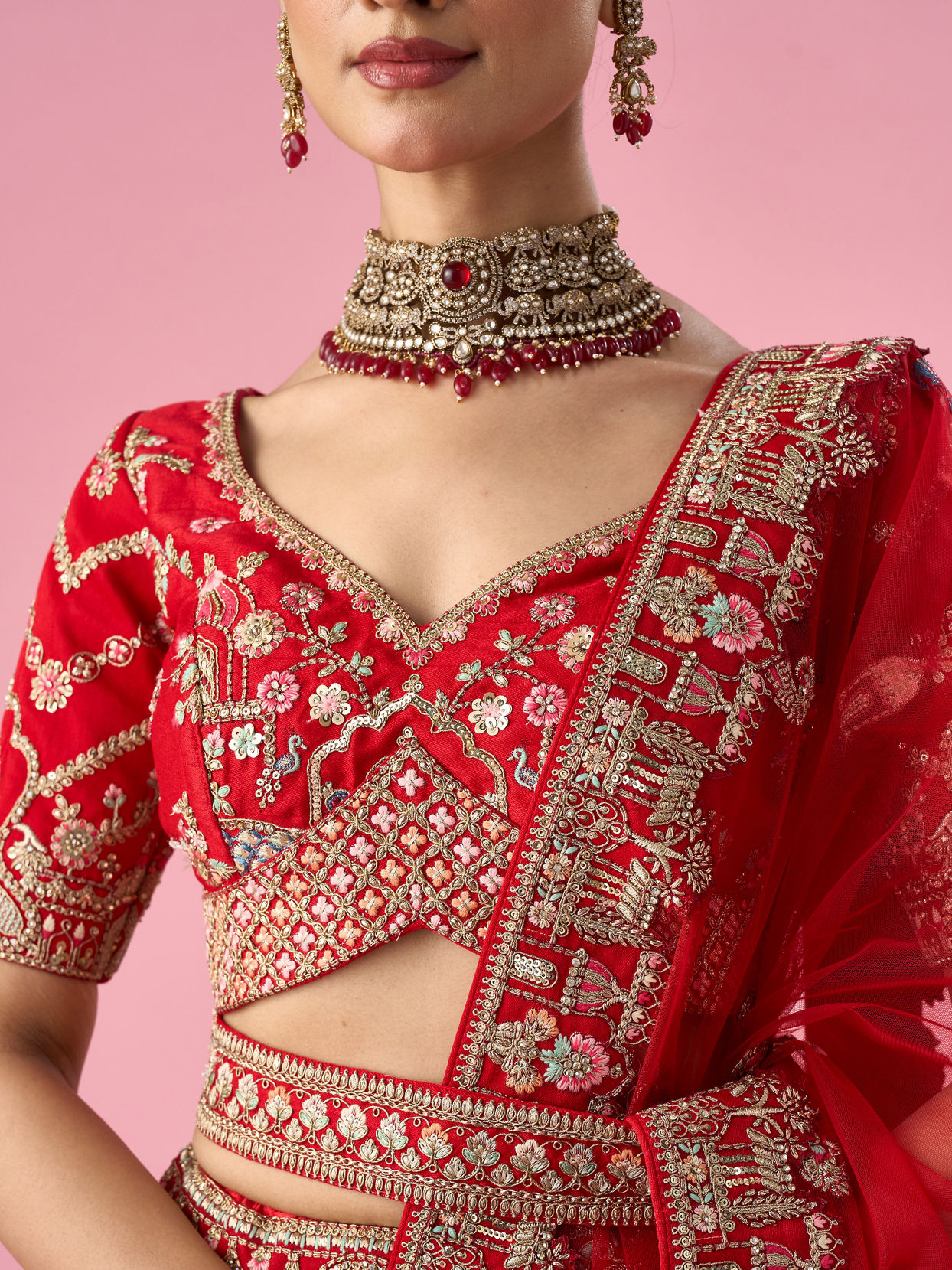 Mohey Women Red Art Silk Bridal Lehenga with Moti and Zari Work