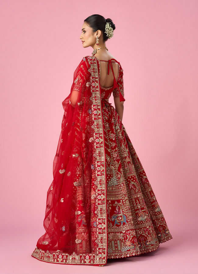 Mohey Women Red Art Silk Bridal Lehenga with Moti and Zari Work