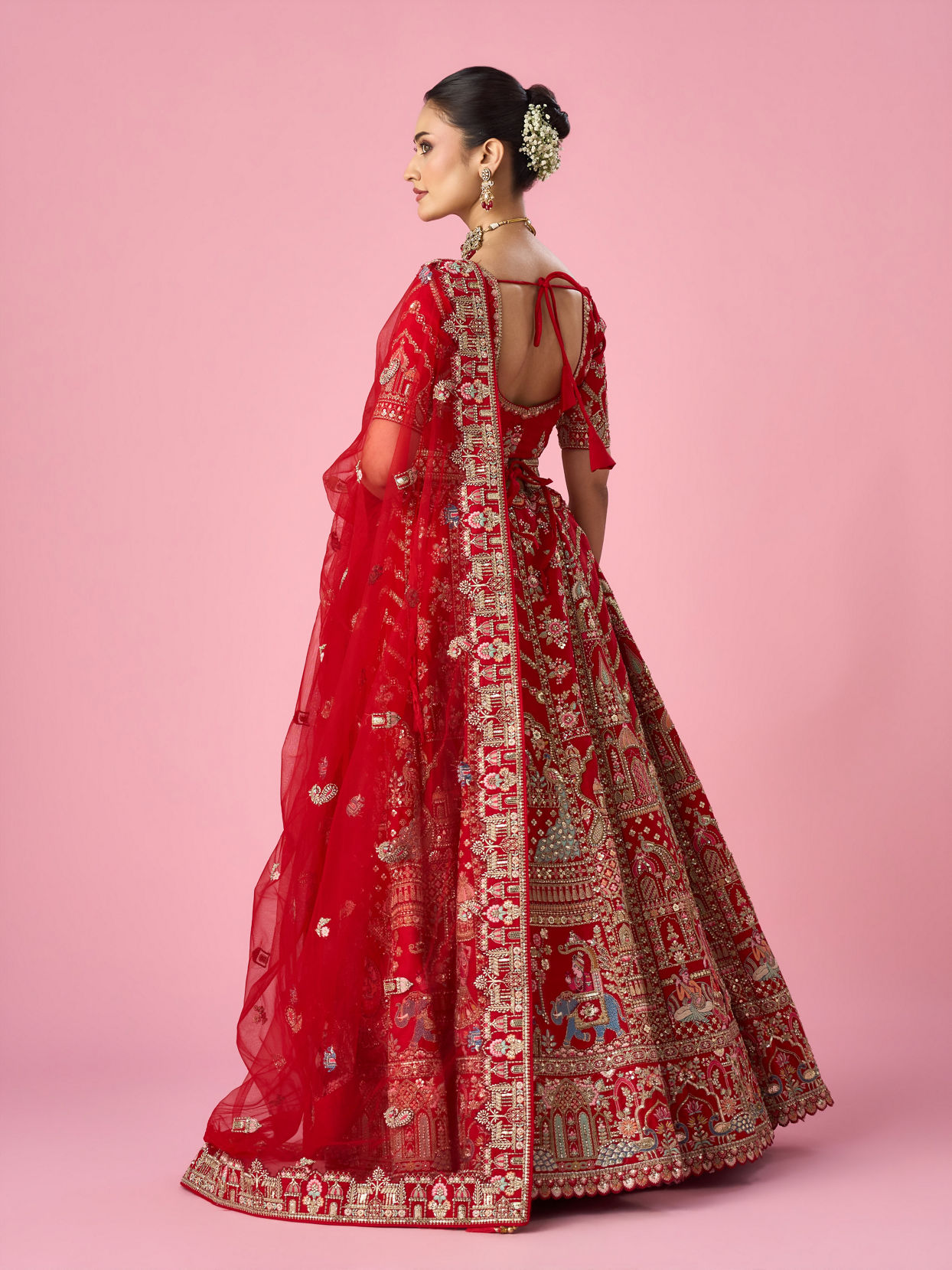 Mohey Women Red Art Silk Bridal Lehenga with Moti and Zari Work
