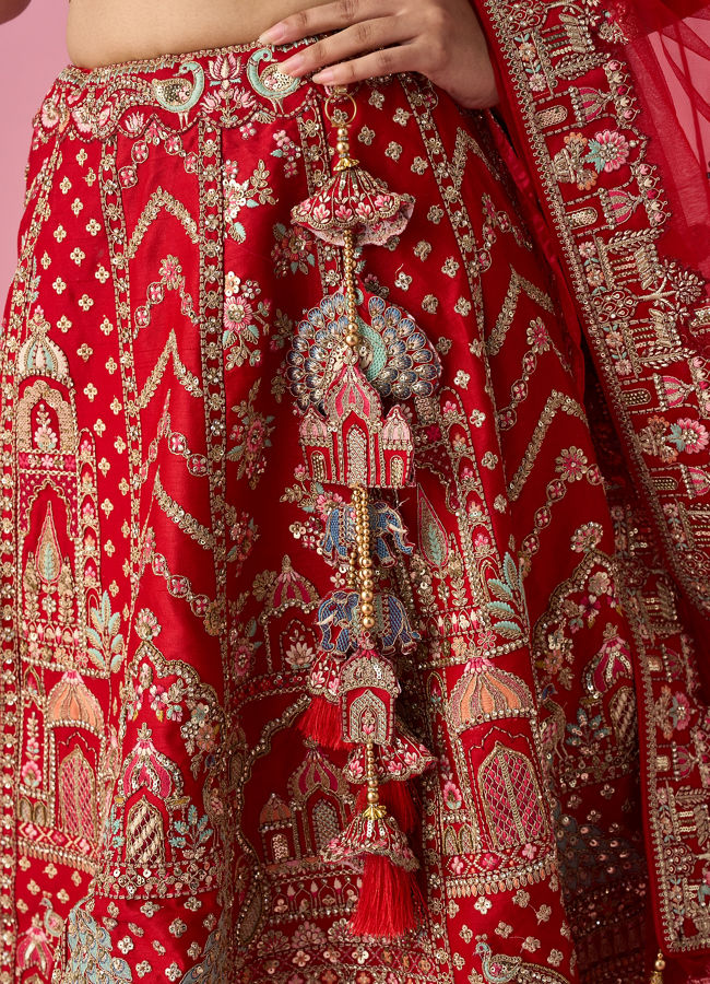 Mohey Women Red Art Silk Bridal Lehenga with Moti and Zari Work