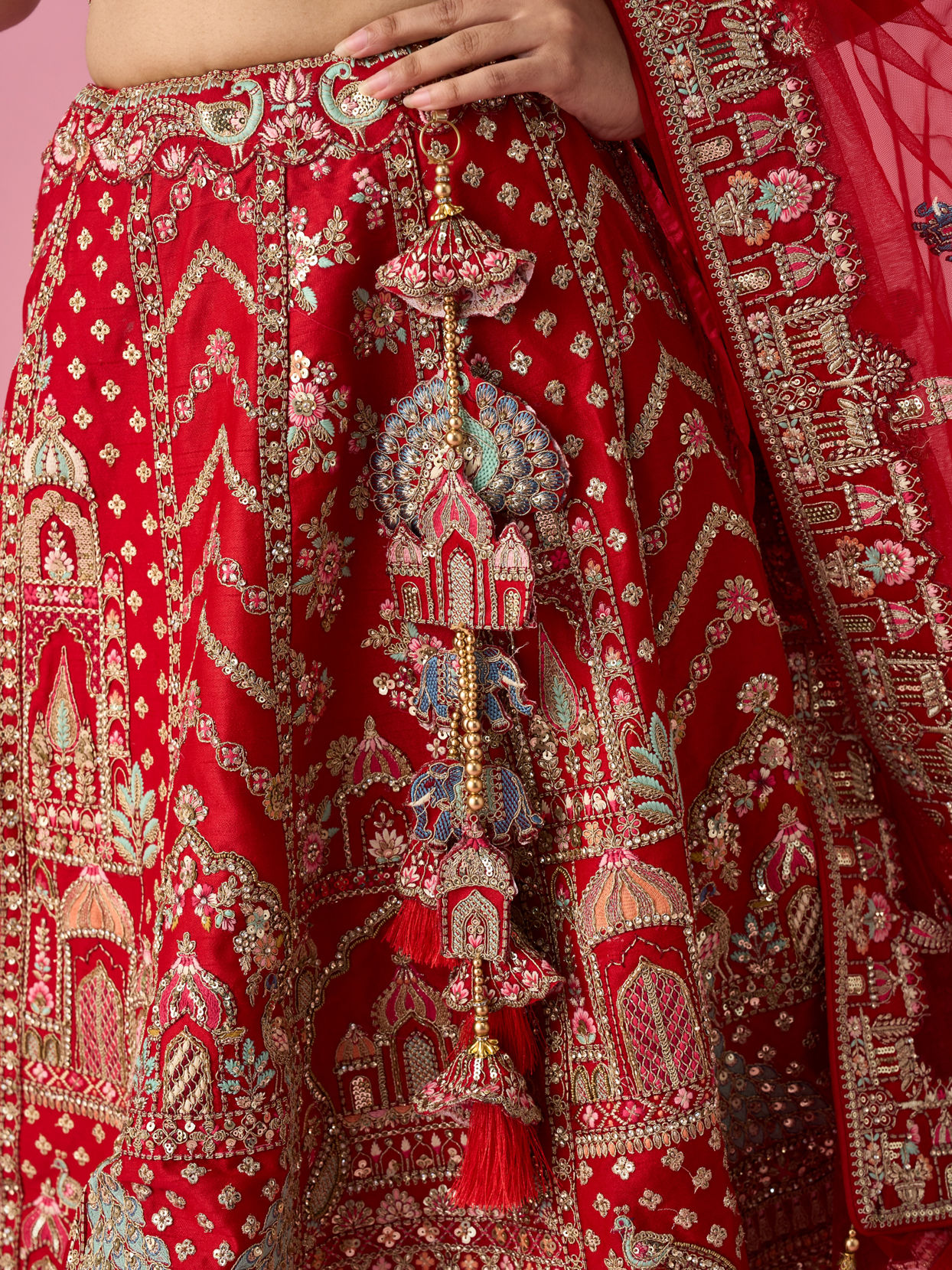 Mohey Women Red Art Silk Bridal Lehenga with Moti and Zari Work