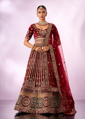 Mohey Women Maroon Velvet Lehenga with Mirror Work