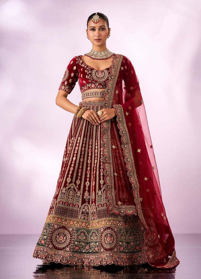 Mohey Women Maroon Velvet Lehenga with Mirror Work