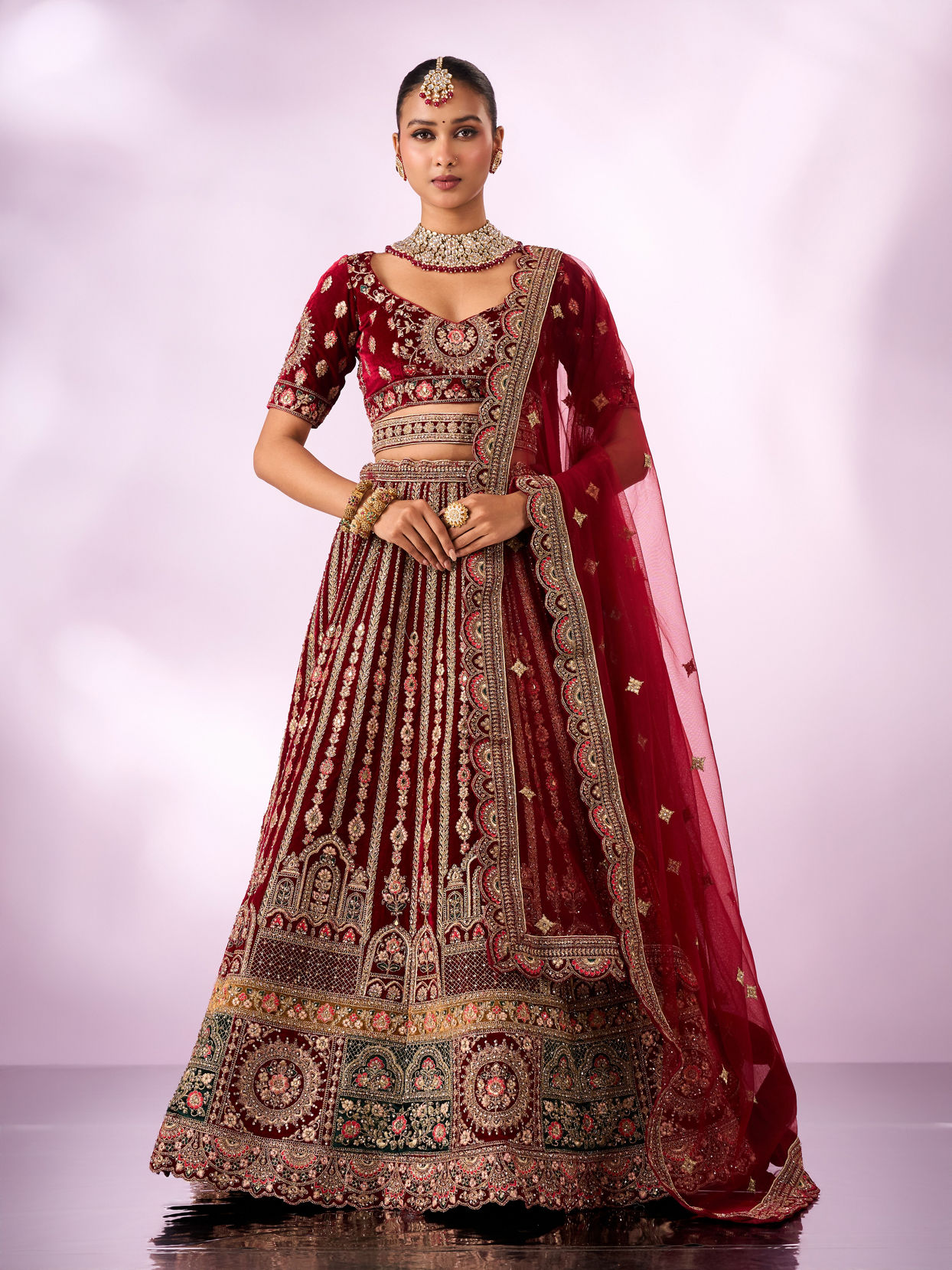 Mohey Women Maroon Velvet Lehenga with Mirror Work