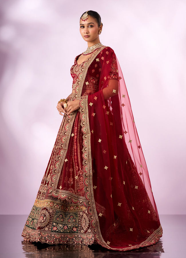 Mohey Women Maroon Velvet Lehenga with Mirror Work
