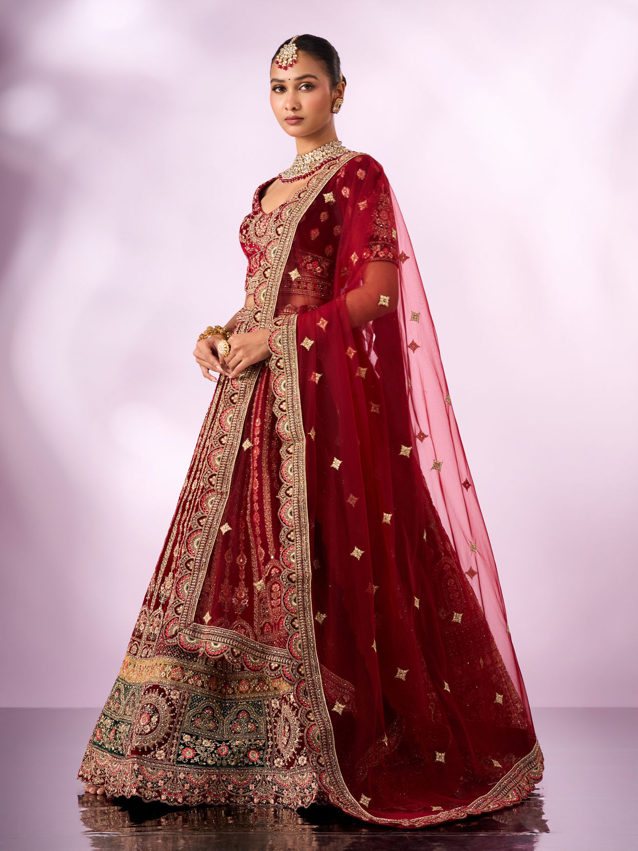 Mohey Women Maroon Velvet Lehenga with Mirror Work