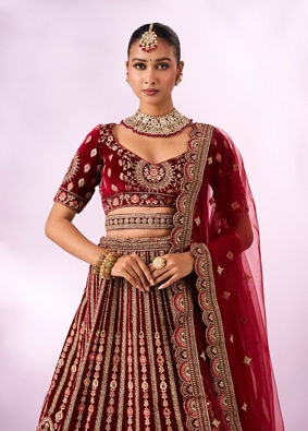 Mohey Women Maroon Velvet Lehenga with Mirror Work