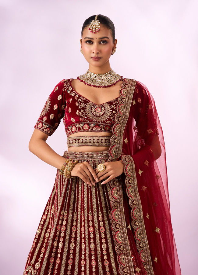 Mohey Women Maroon Velvet Lehenga with Mirror Work