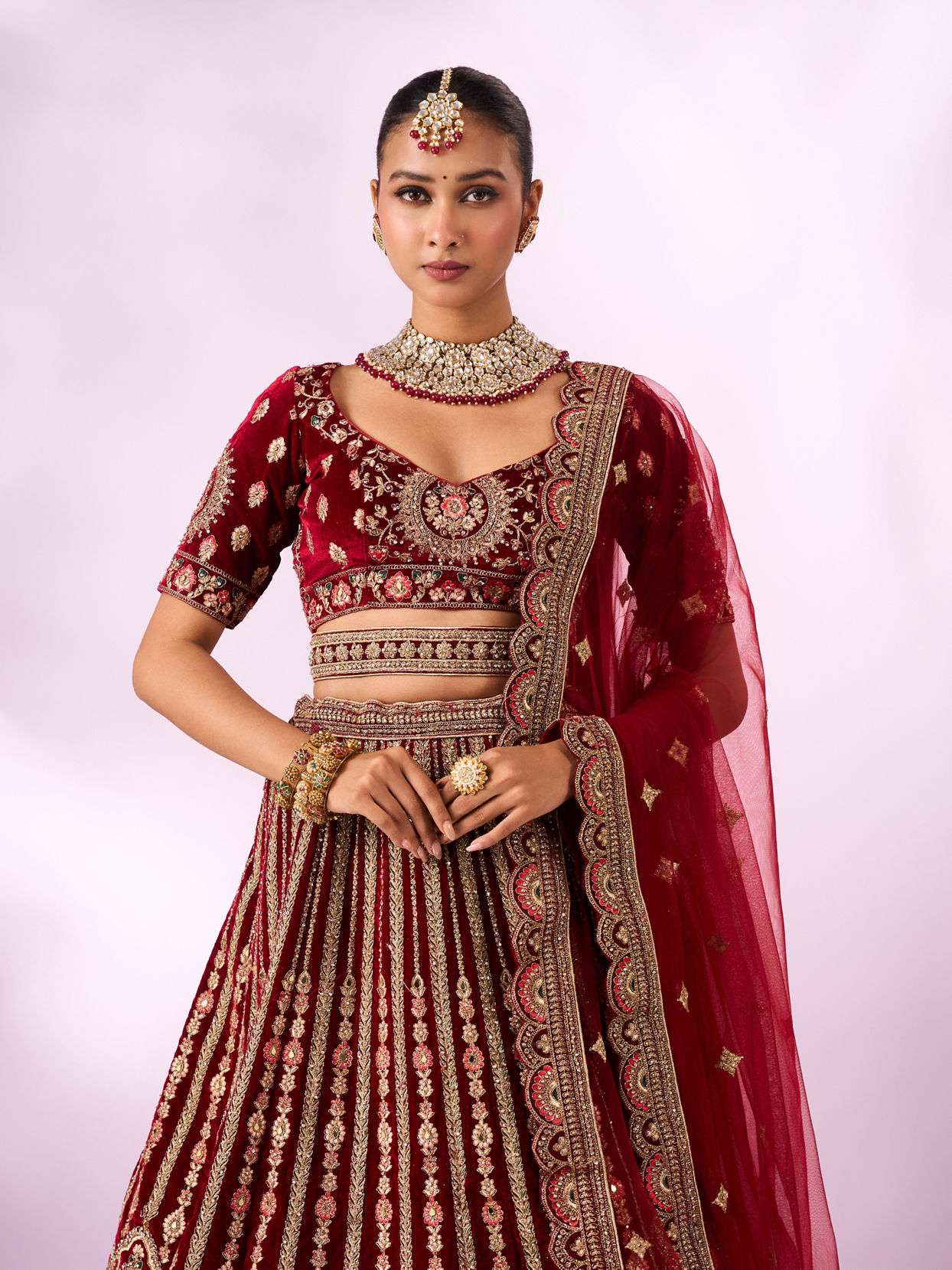 Mohey Women Maroon Velvet Lehenga with Mirror Work