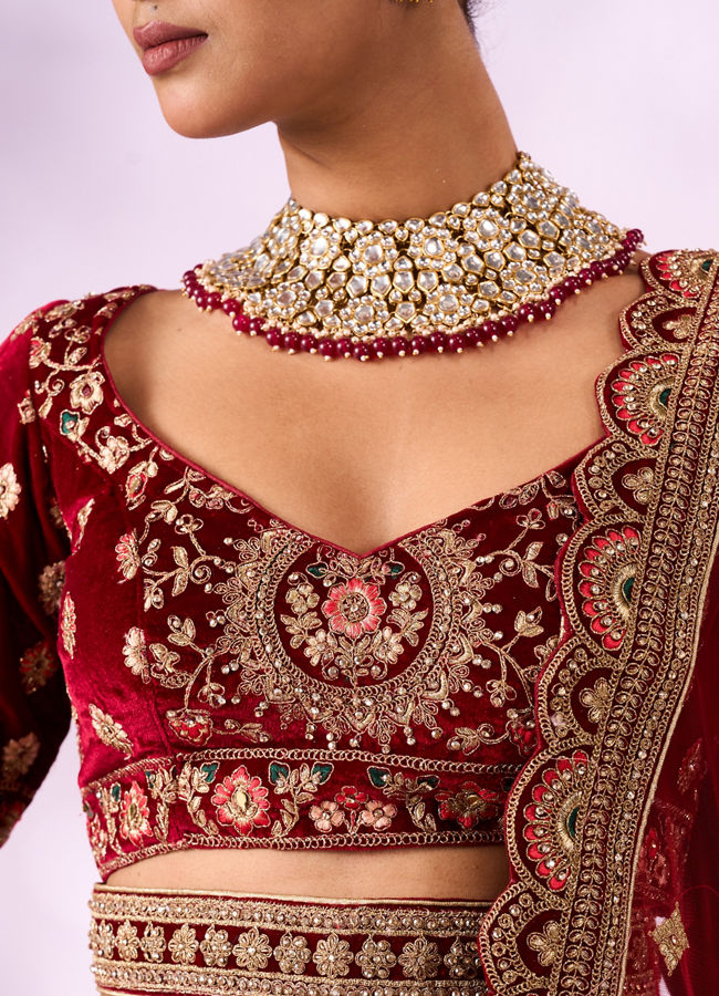 Mohey Women Maroon Velvet Lehenga with Mirror Work