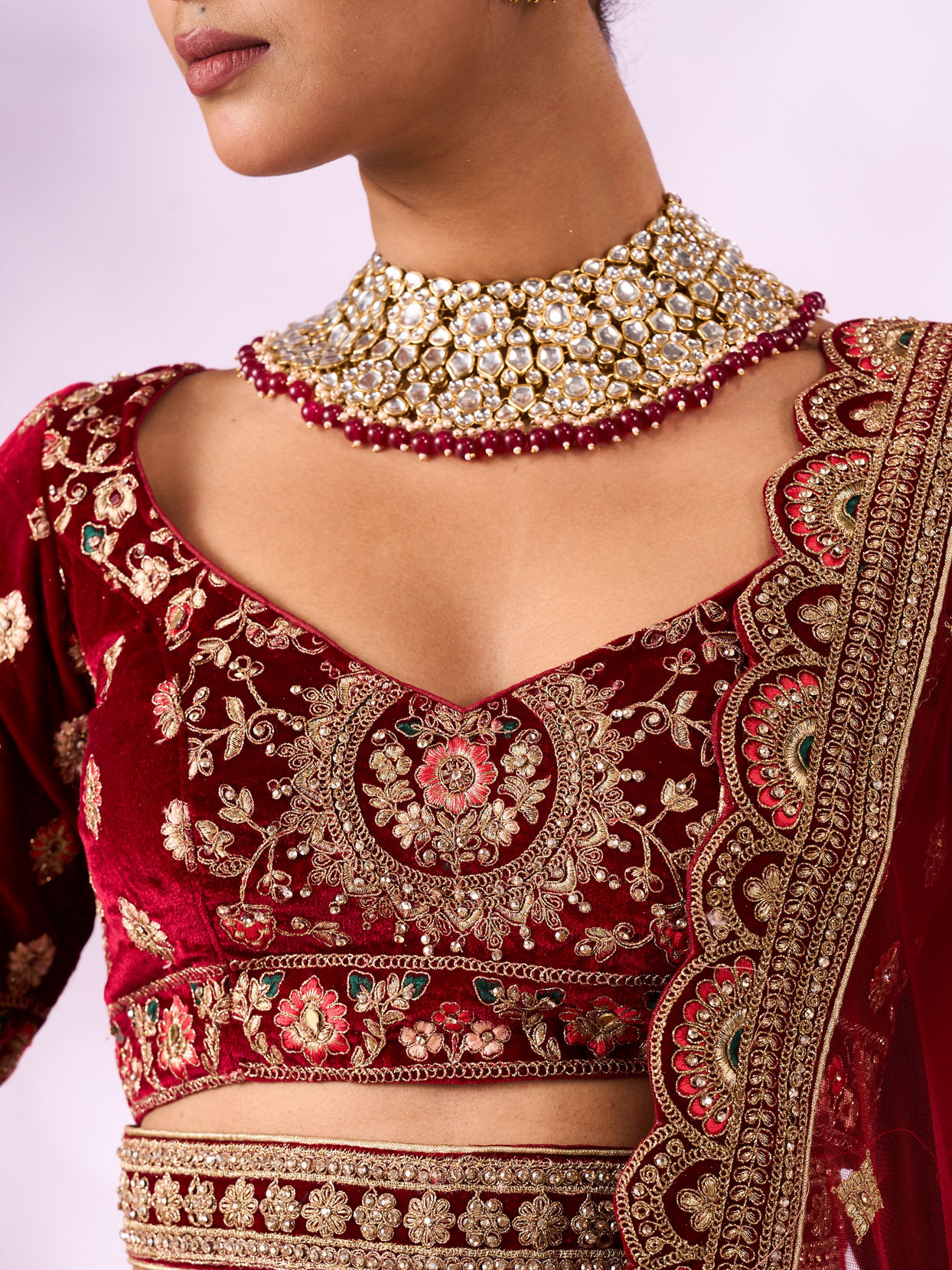Mohey Women Maroon Velvet Lehenga with Mirror Work