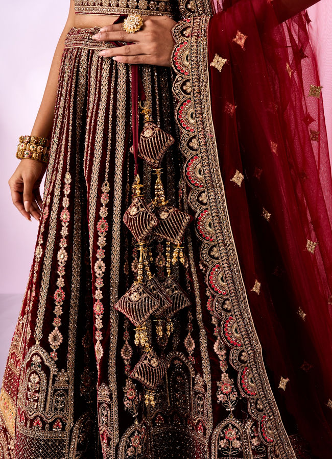 Mohey Women Maroon Velvet Lehenga with Mirror Work