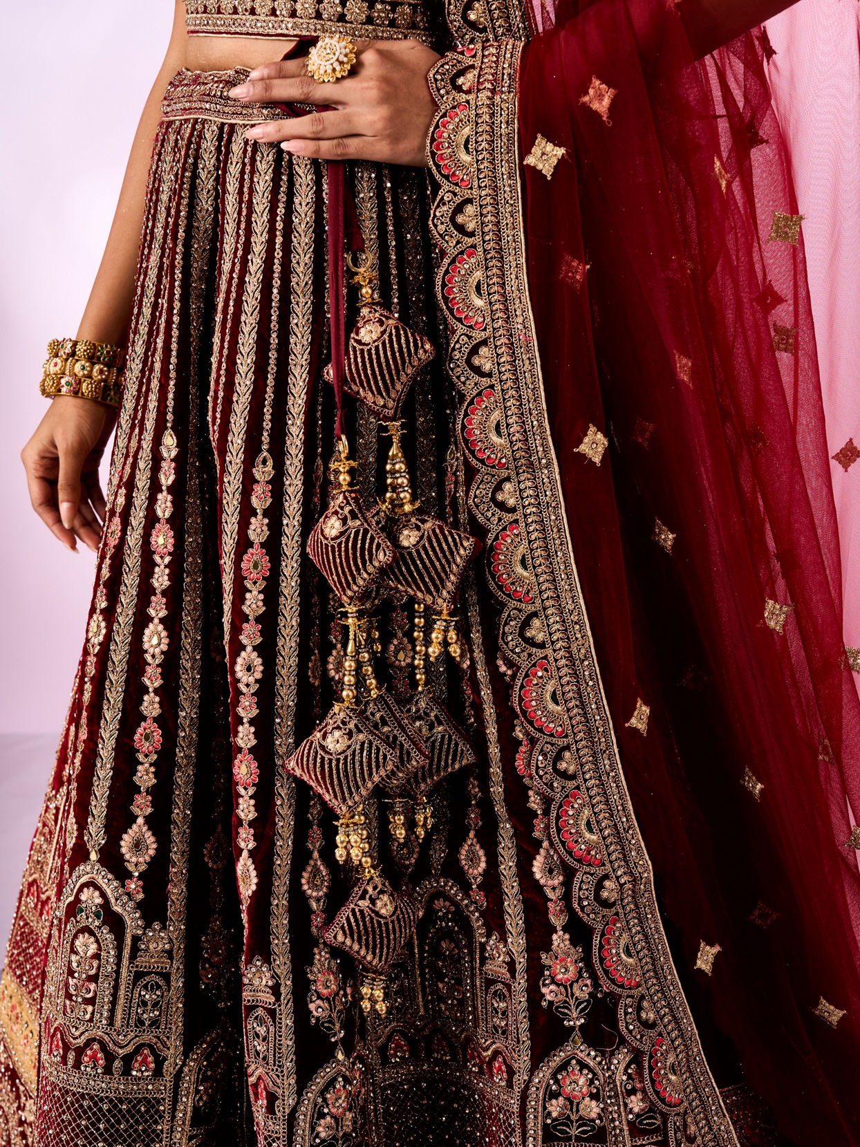 Mohey Women Maroon Velvet Lehenga with Mirror Work