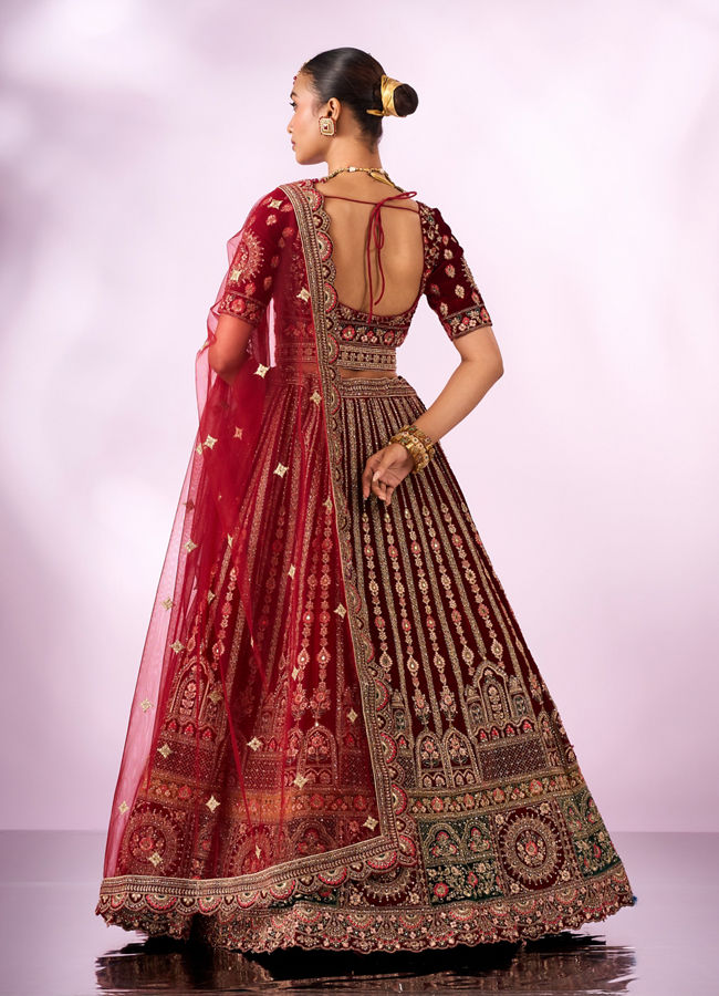 Mohey Women Maroon Velvet Lehenga with Mirror Work