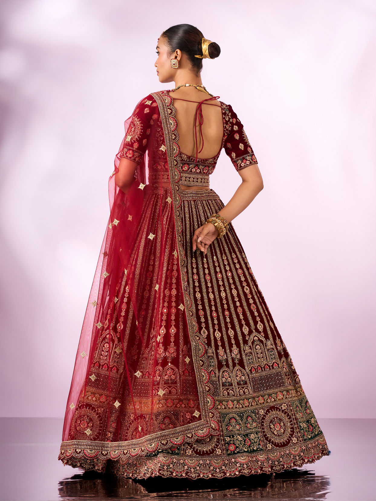 Mohey Women Maroon Velvet Lehenga with Mirror Work
