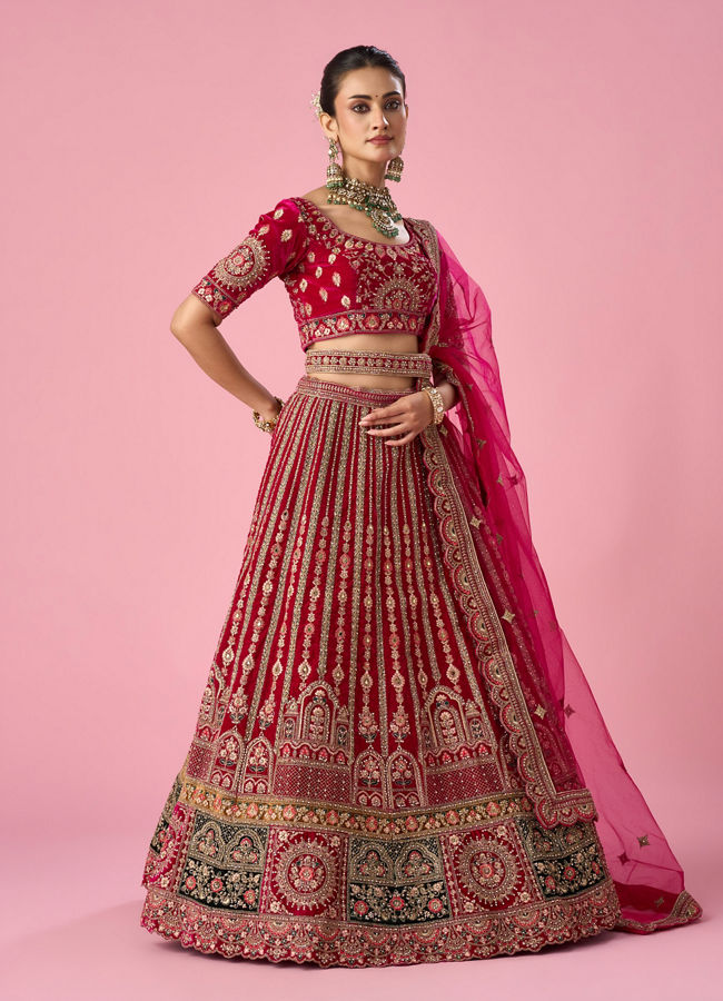 Mohey Women Pink Velvet Bridal Lehenga with Mirror Work