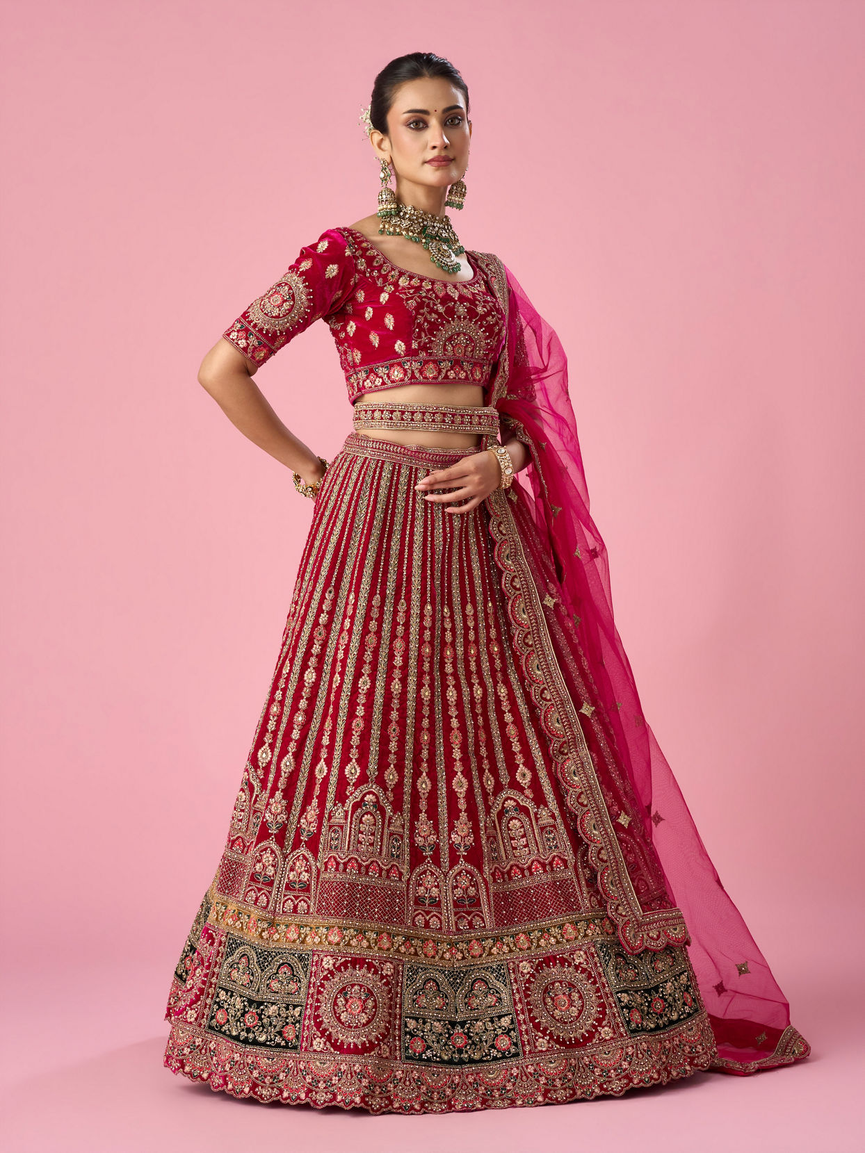Mohey Women Pink Velvet Bridal Lehenga with Mirror Work