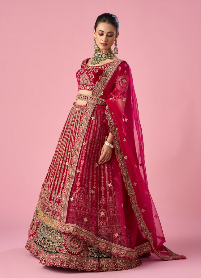 Mohey Women Pink Velvet Bridal Lehenga with Mirror Work
