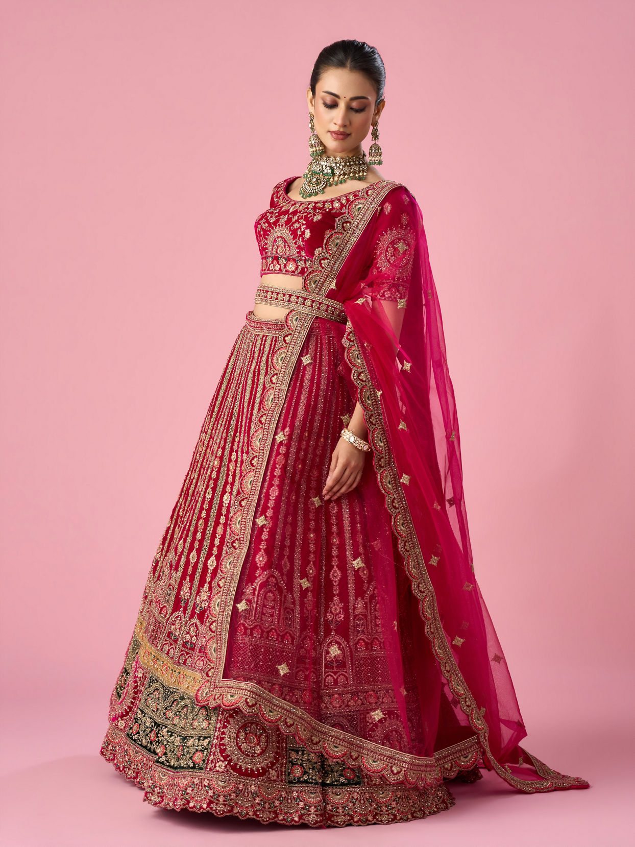 Mohey Women Pink Velvet Bridal Lehenga with Mirror Work
