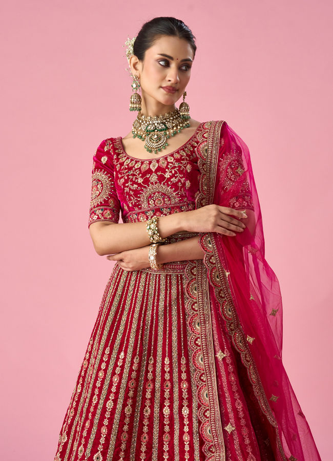 Mohey Women Pink Velvet Bridal Lehenga with Mirror Work