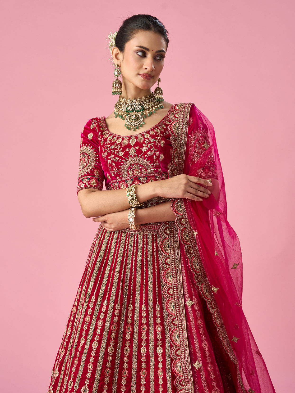 Mohey Women Pink Velvet Bridal Lehenga with Mirror Work