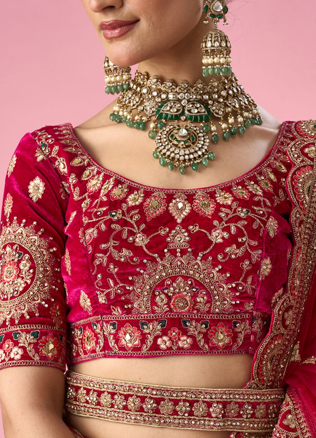 Mohey Women Pink Velvet Bridal Lehenga with Mirror Work