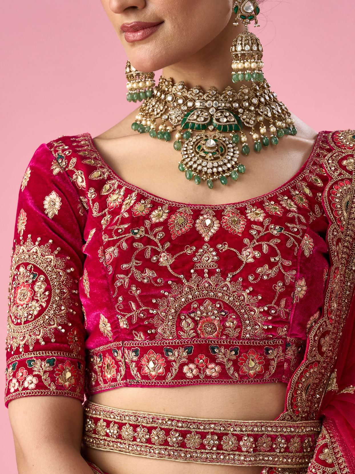 Mohey Women Pink Velvet Bridal Lehenga with Mirror Work