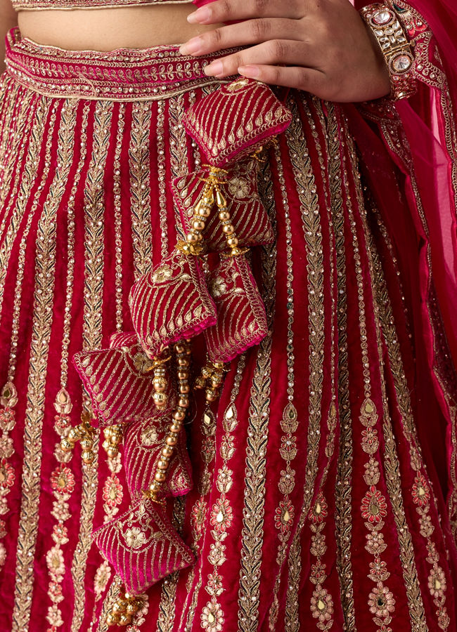 Mohey Women Pink Velvet Bridal Lehenga with Mirror Work