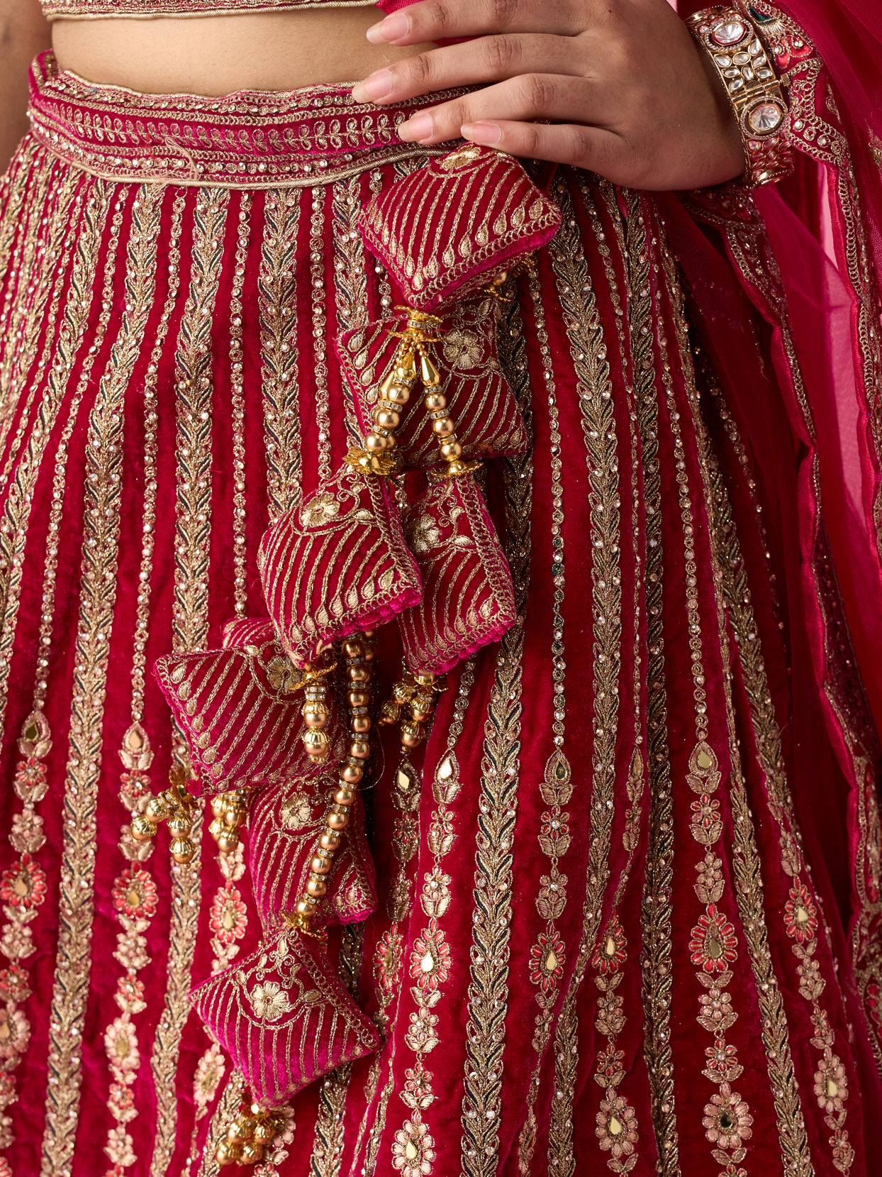 Mohey Women Pink Velvet Bridal Lehenga with Mirror Work
