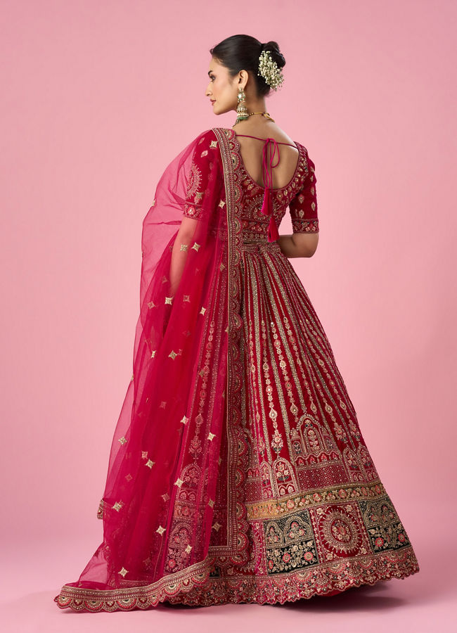Mohey Women Pink Velvet Bridal Lehenga with Mirror Work