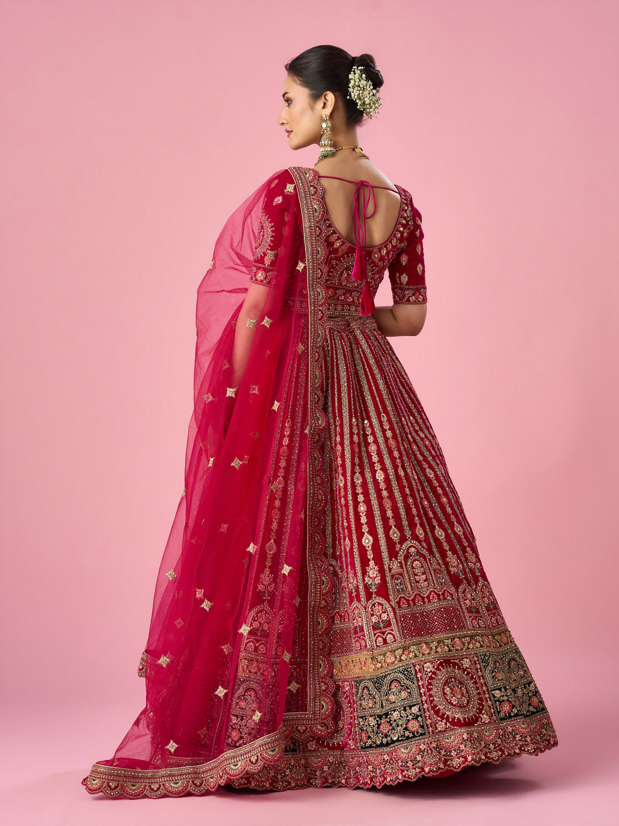 Mohey Women Pink Velvet Bridal Lehenga with Mirror Work