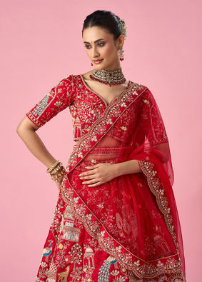 Mohey Women Red Art Silk Bridal Lehenga with Embroidery