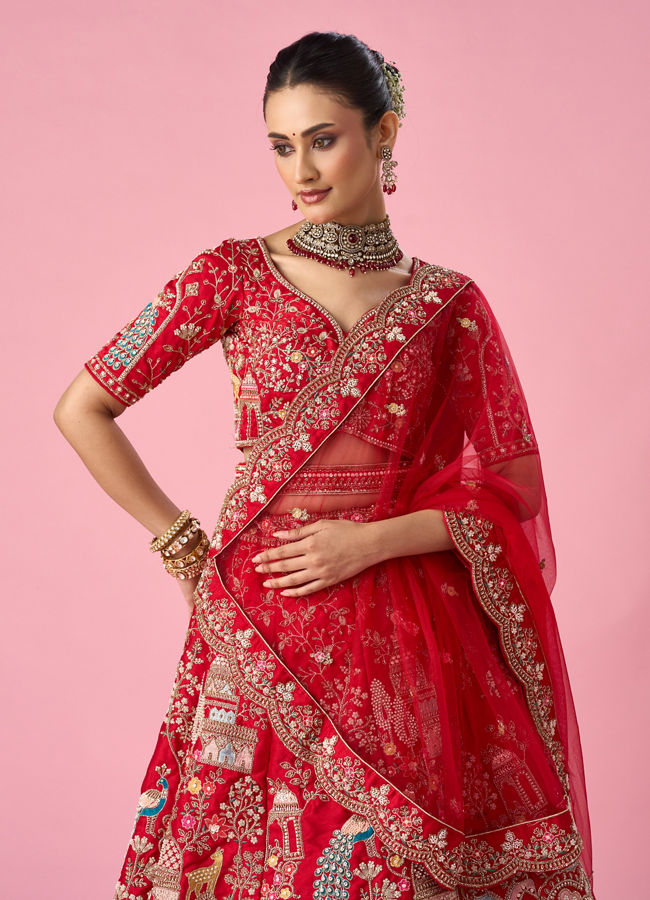 Mohey Women Red Art Silk Bridal Lehenga with Embroidery