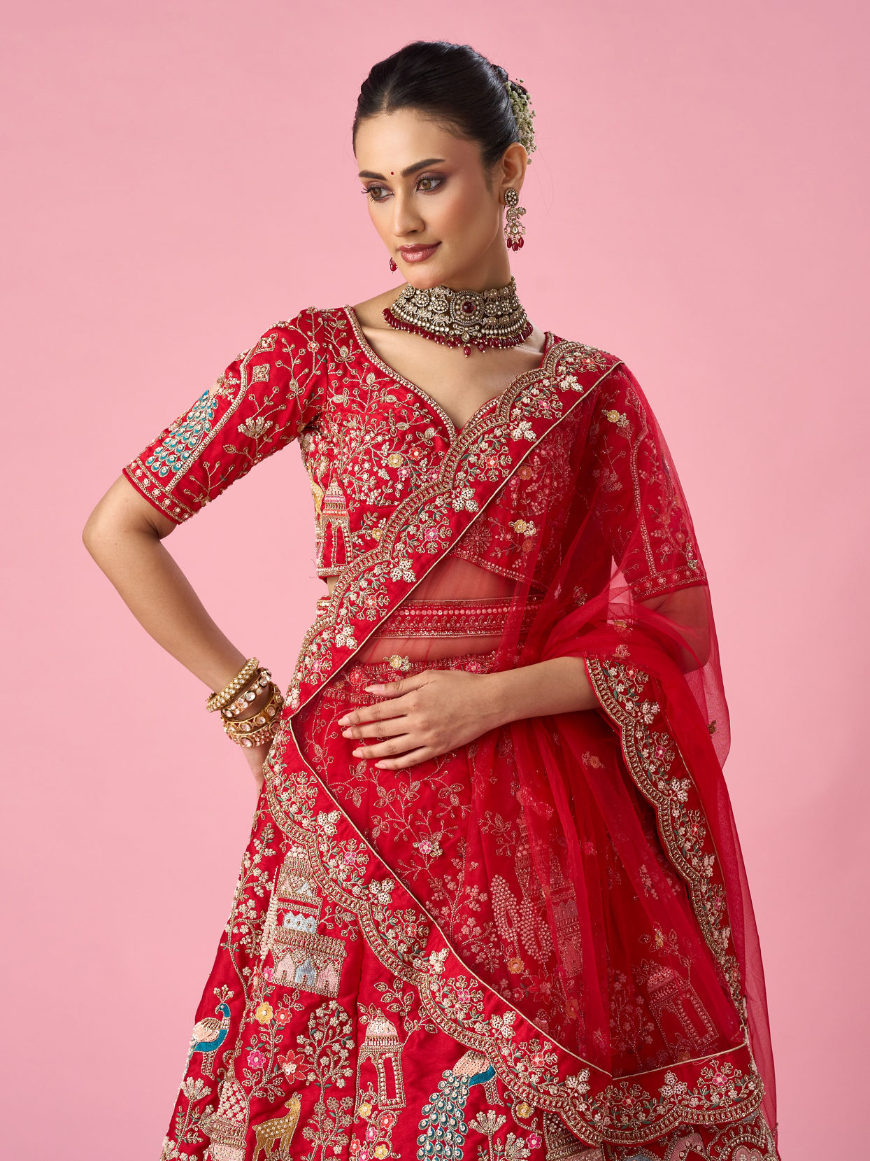 Mohey Women Red Art Silk Bridal Lehenga with Embroidery